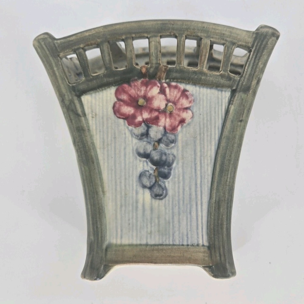 Weller Klyro Wall Pocket 1920s Art Pottery Grapes Flowers Reticulated 8" Vintage